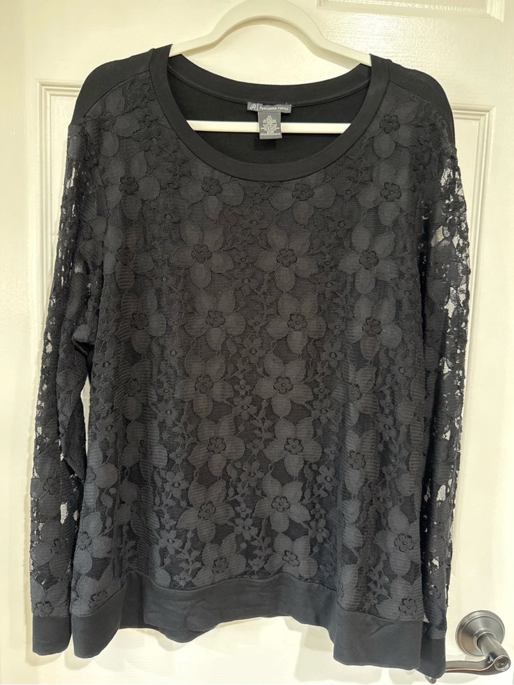 Adrianna Papell XL Long Sleeve Pullover Top Black Lace Overlay Sheer Sleeves